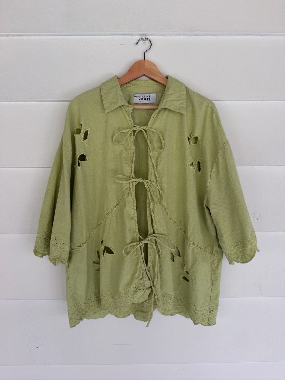 NATIVE YOUTH Light Olive Tie-Front Cutout Blouse